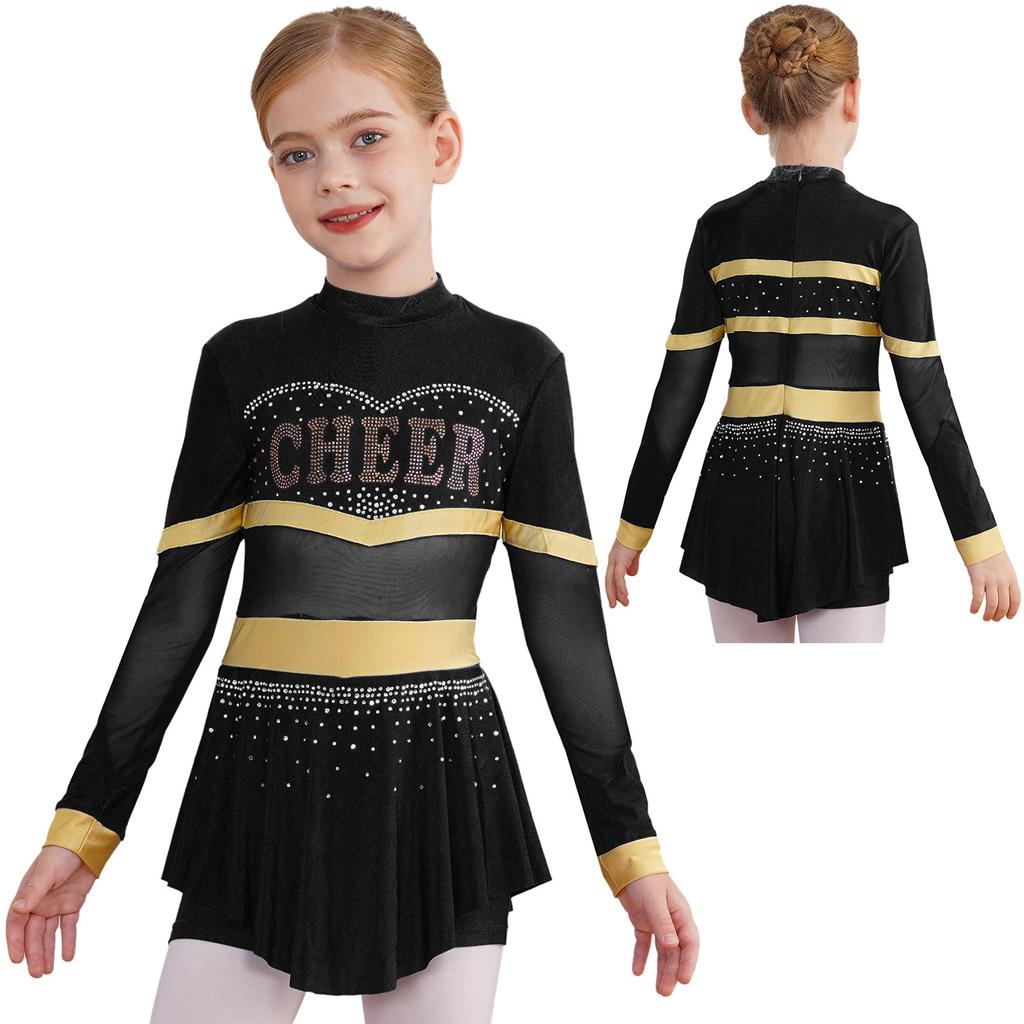 Girls One-Piece Cheerleading Costume: Long Sleeve Mesh Patchwork Shiny Diamonds Jumpsuit for Dance Gymnastic Performance