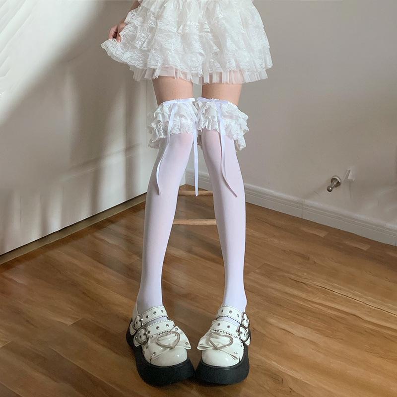 Lolita White Lace Bow Over-the-Knee Velvet Socks