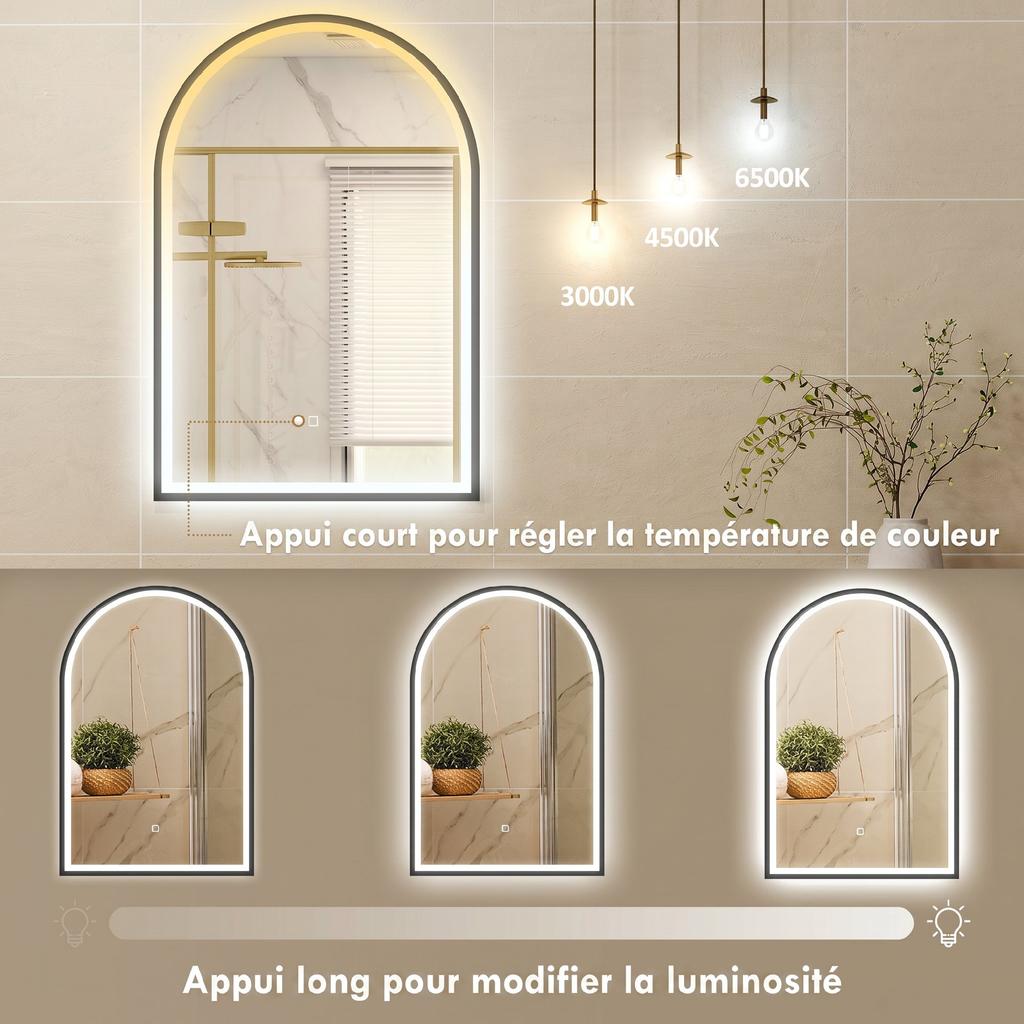 Bathroom Mirror with Lighting, 60 x 90 cm, Arched LED, Anti-Fog, 3 Light Colors, Dimmable, Black