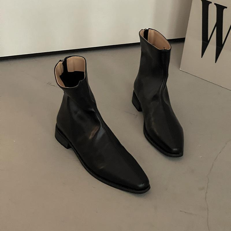 Retro Pleated Pointed Leather Boots Slim Short Boots Women's Autumn and Winter New Fashion Thick Heel Fashion Single Boots Martin Boots Trend