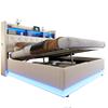 LED Gestoffeerd Bed 180 x 200 cm, Gestoffeerd Opbergbed met USB-oplaadpoort en Hydraulische Opbergruimte, Huidvriendelijke Linnen Stof, Beige