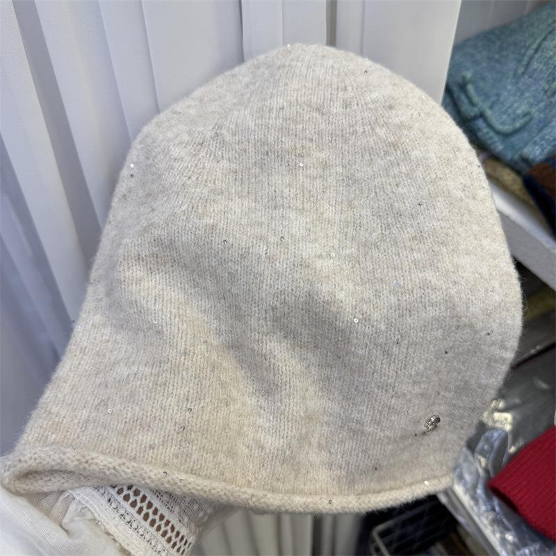 Premium sequined stacking hat women's autumn and winter warm knitted cold hat showing face small ear protection hat wool hat