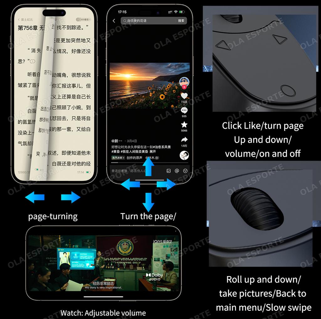 New Fingertip Remote Scrolling Ring Wireless Remote Control Camera Shutter Selfie Video Bluetooth 5.0 With Phone Stand smartring