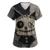 Women's Halloween Print Scrub Top – Short Sleeve V-Neck with Pocket and Side Slits for Professionals