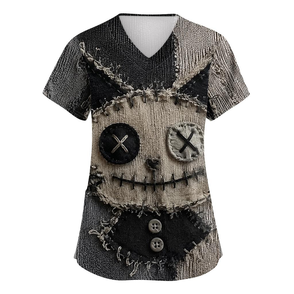 Women's Halloween Print Scrub Top – Short Sleeve V-Neck with Pocket and Side Slits for Professionals