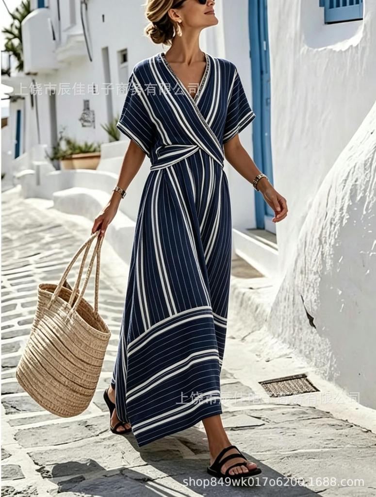 Holiday style seaside v-neck loose long dress summer new simple dress