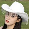 Large Size Western Cowboy Hat Jazz Performance French Style Hat New Water Diamond Tassel Hat  Women