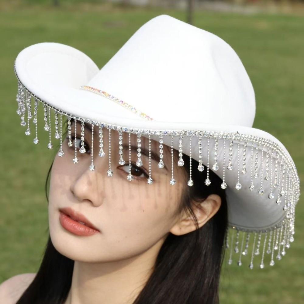 Large Size Western Cowboy Hat Jazz Performance French Style Hat New Water Diamond Tassel Hat  Women