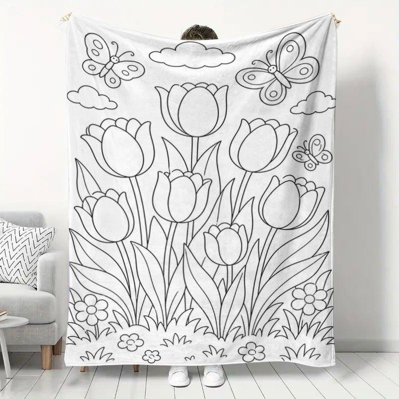 1pc Minimalist Line Art Tulip and Butterfly Pattern Flannel Blanket, DIY Doodle and Coloring Warm Throw Blanket for Living Room Sofa Naps, Bedroom Bed