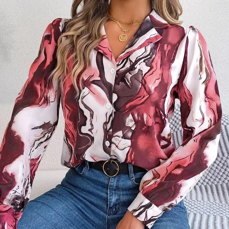 Office Lady Casual Fashion Contrast Color Print Blouse Women Long Sleeve Tops Autumn Winter Elegant Notched Shirt Clothes 28621
