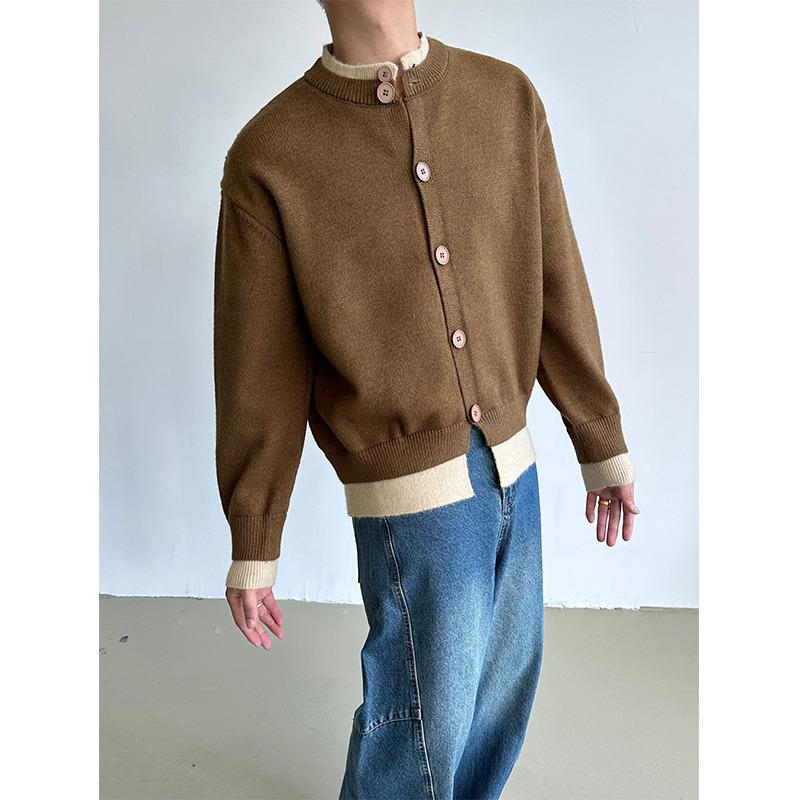 

Унисекс Американский Ретро Кардиган Свитер с Пуговицами, Блок Цвета: Повседневный вязаный свитер свободного кроя на осень/зиму черного цвета XL коричневый