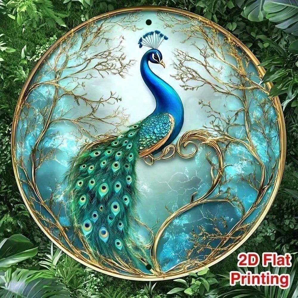 Round 20 cm Gold Peacock Wall Art, Vintage Metal Poster for Living Room