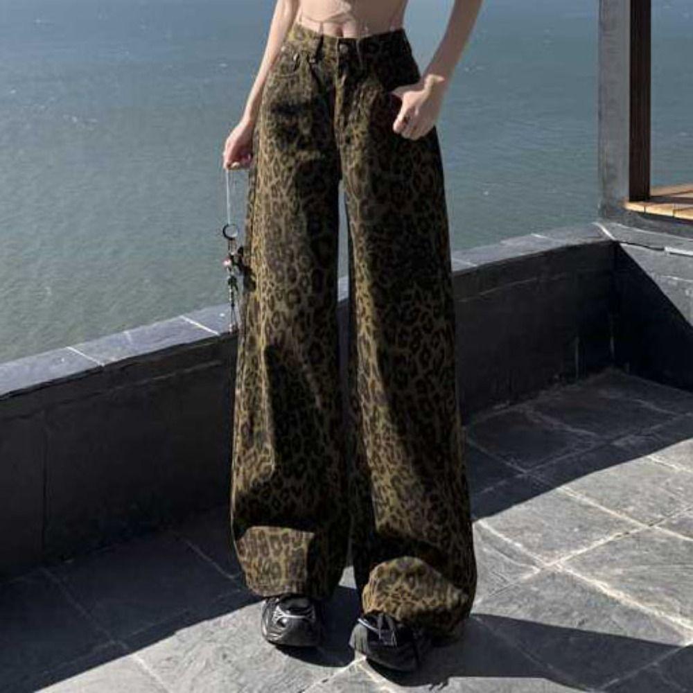 Baggy Leopard Print Jeans Straight Leg Cowboy Pants Fashion Jeans Women Y2k  Lady