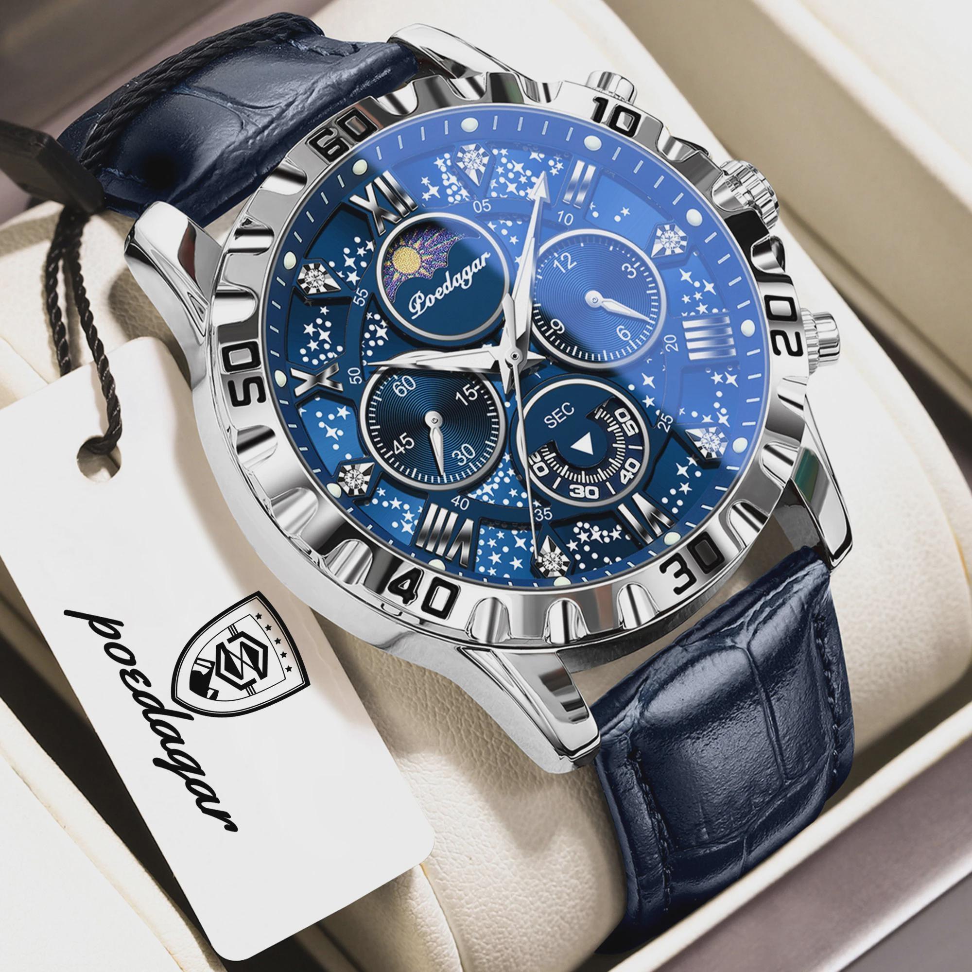 

Top Military Man Wristwatch Waterproof Luminous Chronograph Leather Exquisite Watches Men Sports Quartz Watch синий/серебряный