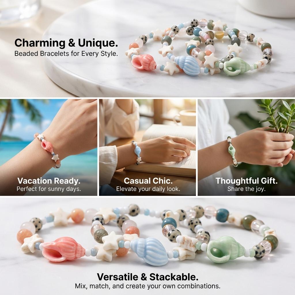 Handmade Ceramic Conch Starfish Beaded Bracelet For Women Girls Cartoon Ocean Theme Charm Bracelets Summer Beach Party Jewelry