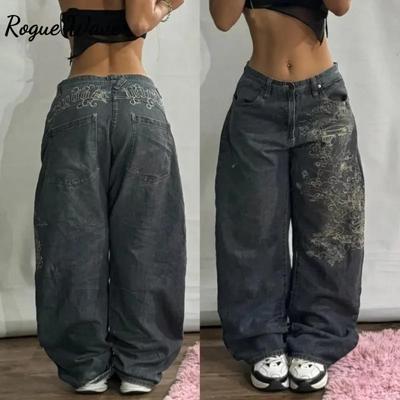 RogueWave American New Fashion Geometric Pattern Embroidered Baggy Jeans Women Y2K Harajuku Vintage Hip-hop Popular Casual Wide-leg Pants