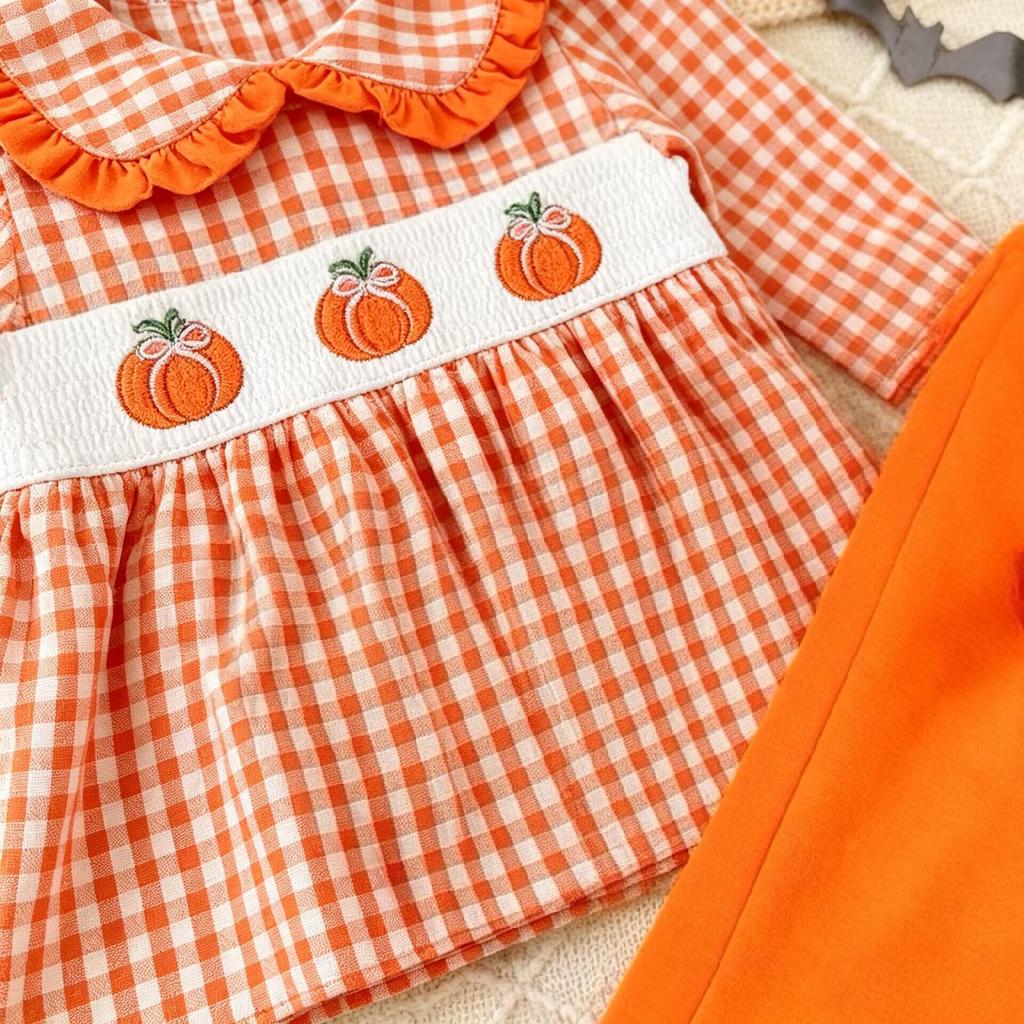 Girls' Pumpkin Embroidery Plaid Suit - Doll Collar Top & Flare Pants Two-Piece Set for Autumn/Halloween 2026