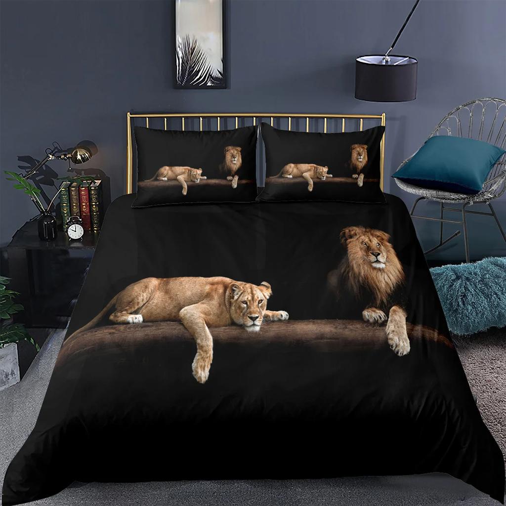 Black Lion Duvet Cover 3 Piece Bedding Set King Queen Full Size 1 Comforter 2 Pillowcase Animal Print