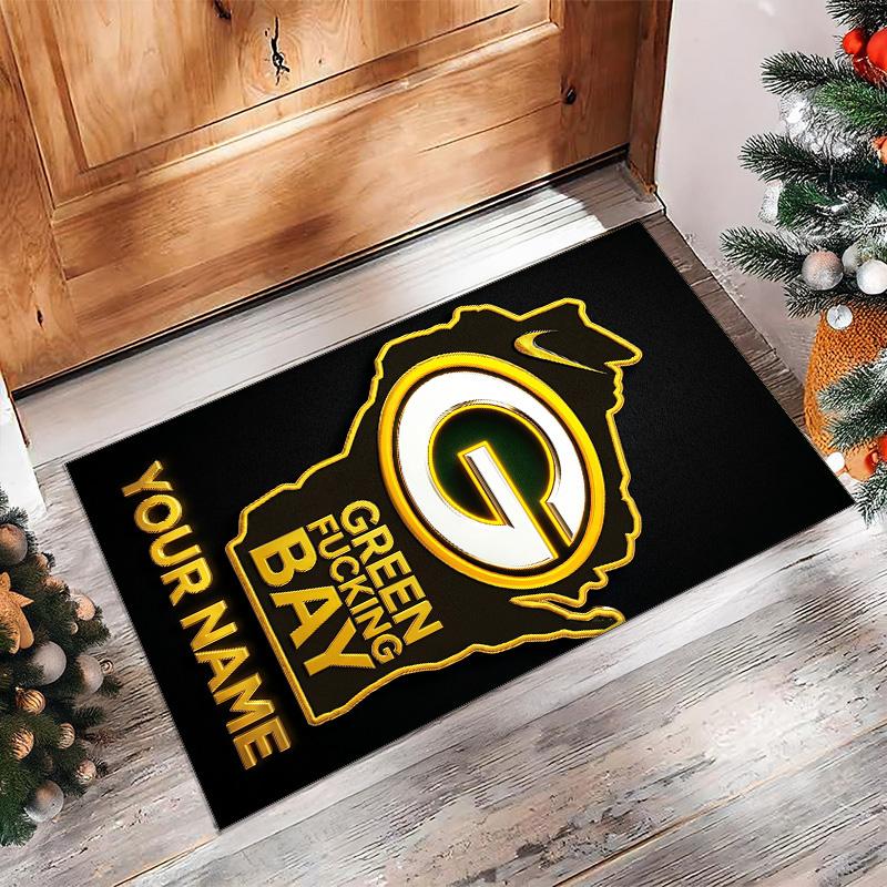 Green Bay Packers Crystal Velvet Rug, Custom Name Text Personalized Non‑Slip Floor Mat for Home Decor Gift