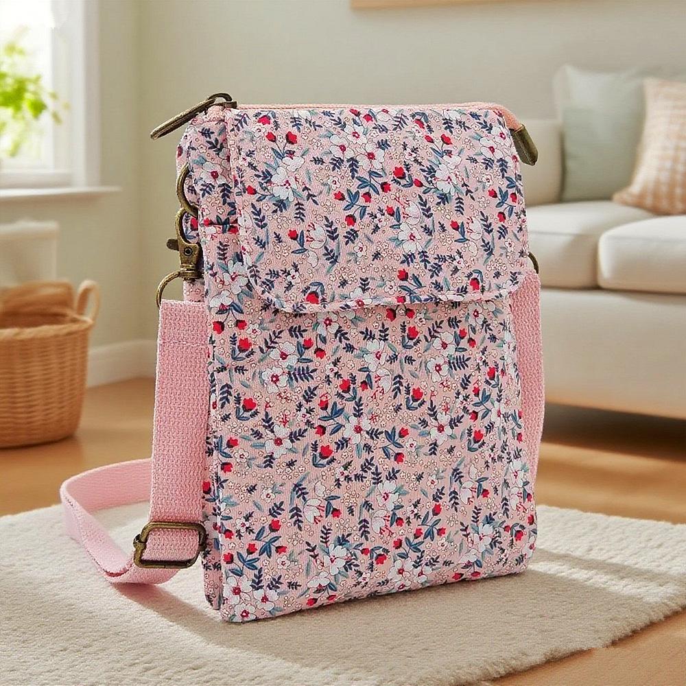 Japanese Floral Canvas Phone Crossbody Bag Women Multi Pocket Shoulder Bag Travel Passport Wallet Cell Phone Purse with Adjustable Strap
