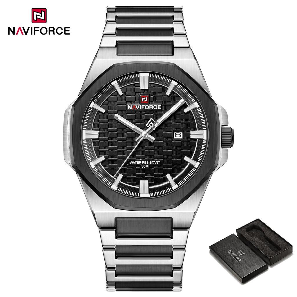 NAVIFORCE Simple Watch for Men Stainless Steel Strap Calendar Movement Luminous Pointer Waterproof 3ATM Casual Fashion Men's Watch NF9245