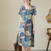 Temperament V-neck MIDI Vintage Print Loose A-line Skirt Short-sleeved Dress