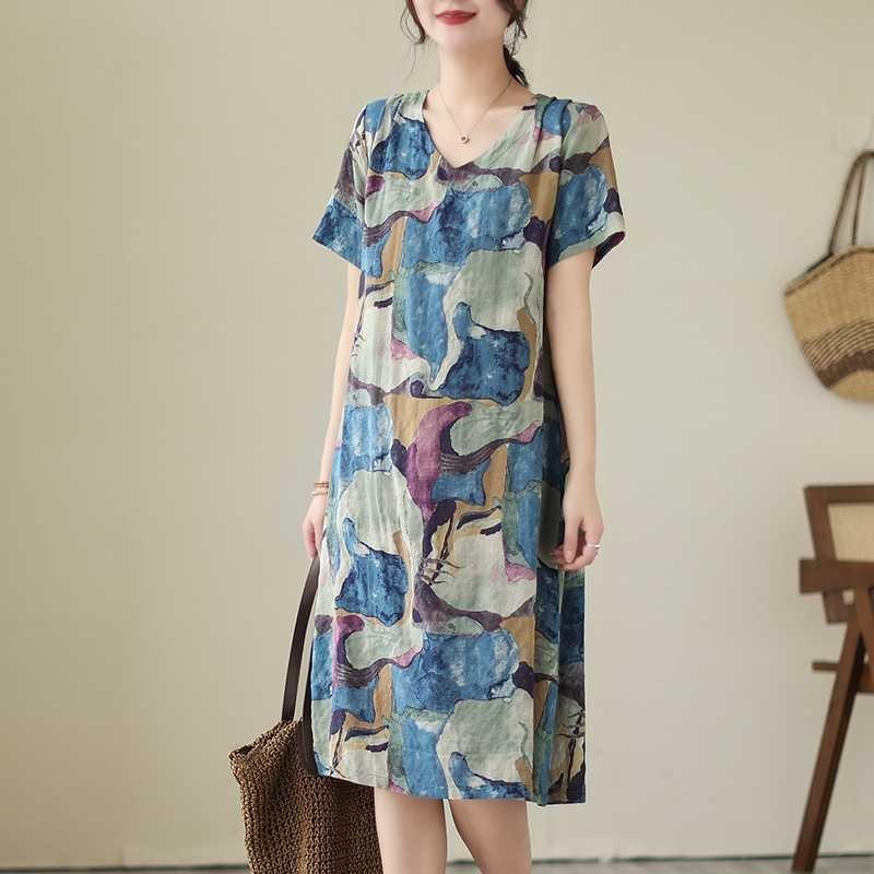 Temperament V-neck MIDI Vintage Print Loose A-line Skirt Short-sleeved Dress