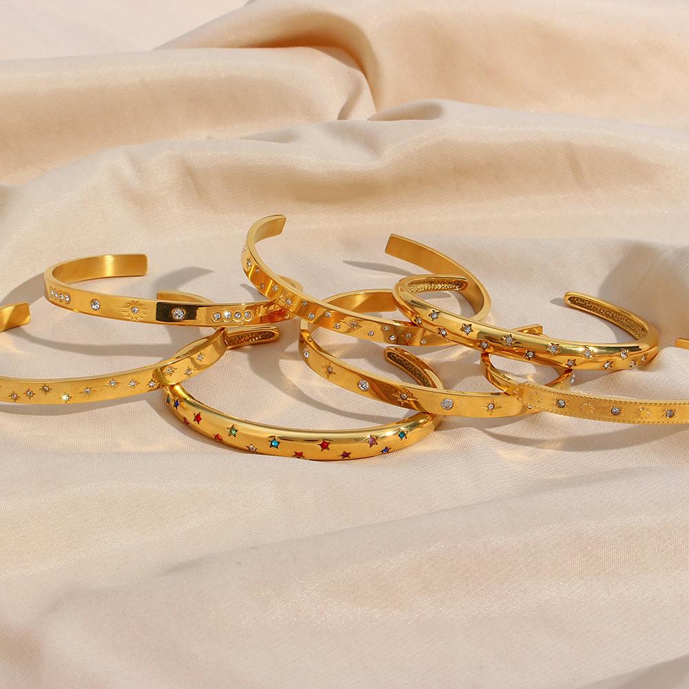 18K Gold Plated Deliacte Luxury Colorful Zircon Shiny Stars Cuff Bangles High Quality Waterproof Jewelry Bracelets for Women