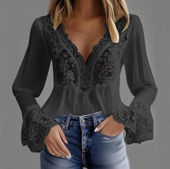 Camisa de Encaje Floral con Escote en V y Mangas Acampanadas para Mujer Europea y Americana, Edición 2026