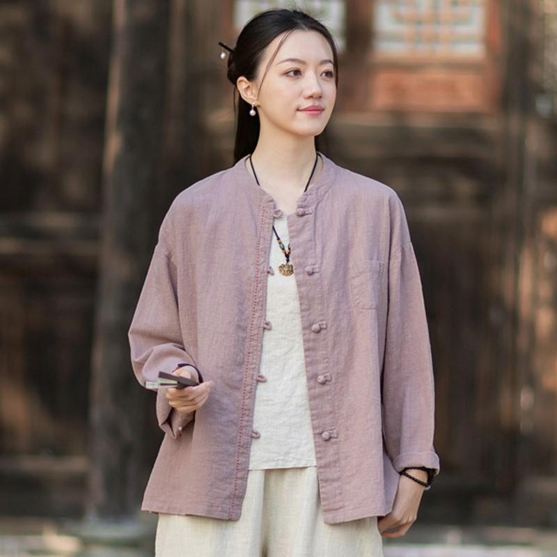 Johnature Women Vintage Shirts Spring Chinese Style Solid Color Stand Long Sleeve Button Pockets Blouses