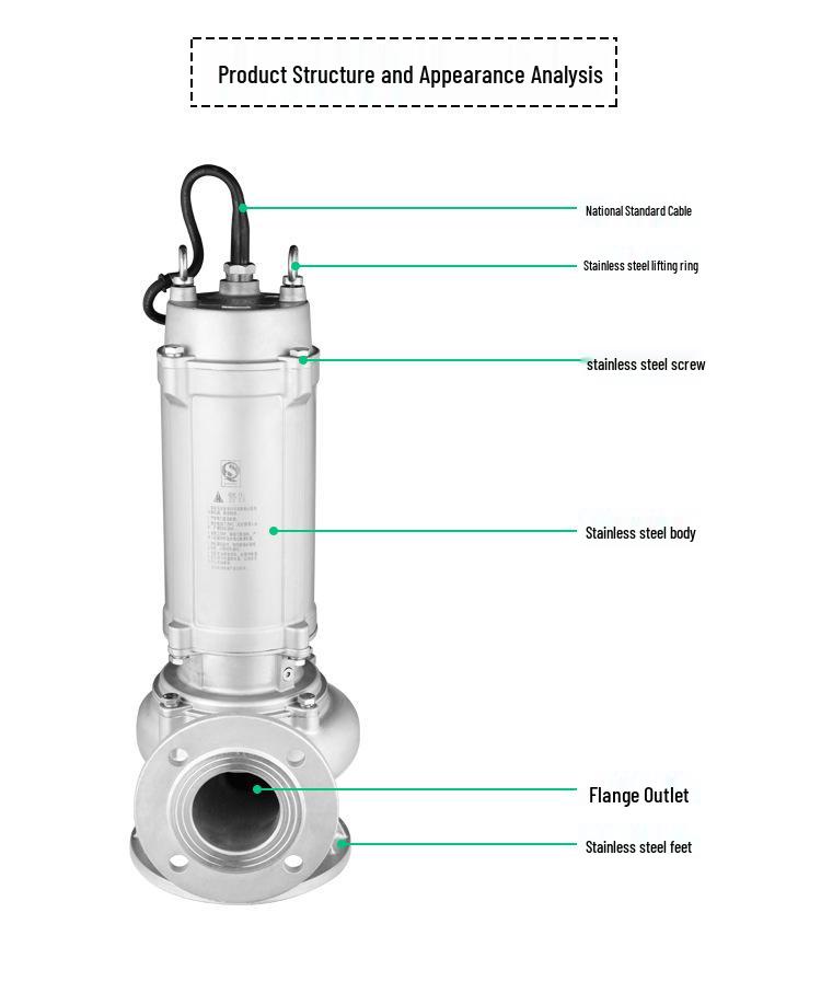 Stainless Steel Submersible Sewage Pump, 2/3 Inch, 304/316L Corrosion Resistant WQP