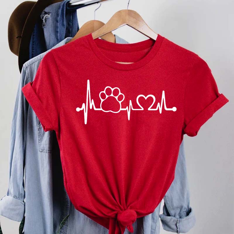 Maycaur Women T Shirt Fashion Dog Heartbeat Print T-shirt Funny 90s Print T Tee Womens Tshirt for Female Red Shirt Clothes Tops