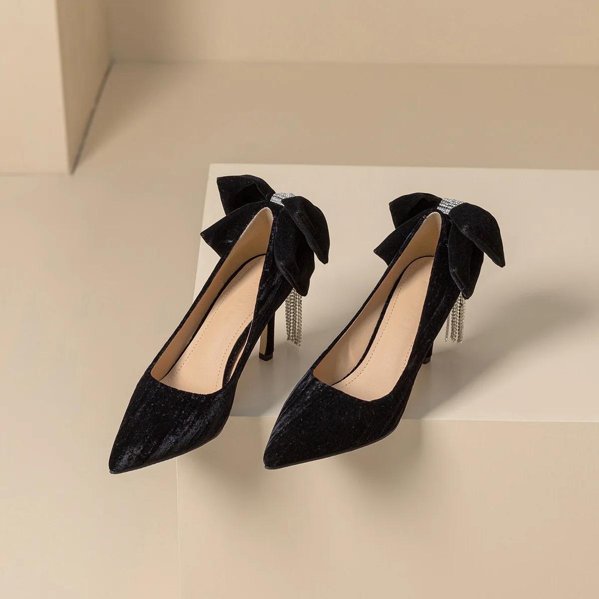 модные женские туфли Niche Tassel Rhinestone High Heels Новые весенние модные черные — фото 3