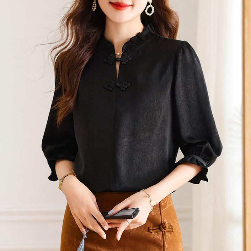 

Шифоновая женская блузка с рукавом миди, китайская летняя блузка с рукавом пять четвертей в стиле ретро M чёрный