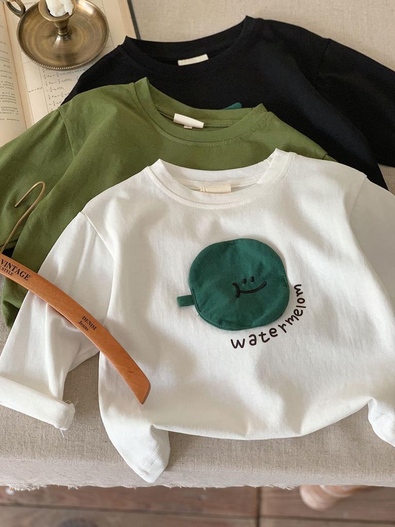 2025 spring children's clothing Japanese T-shirt children's long-sleeved boys and girls three-dimensional sticker fruit bottoming shirt