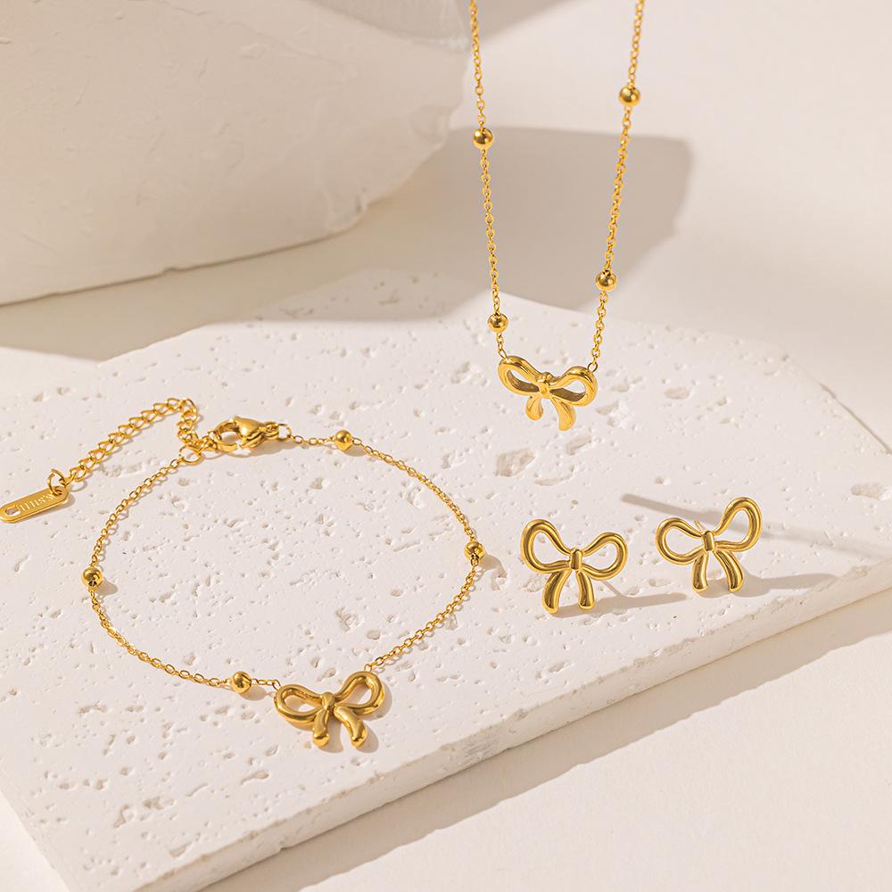 Stainless Steel Bowknot Jewelry Set Tarnish Free, Women's 3pcs Necklace Bracelet Stud Earrings, Beaded Chain Minimalist Jewelry