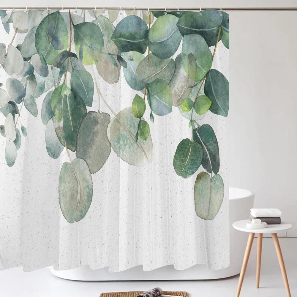 Minimalist Art Leaves Plant Shower Curtain Polyester Fabric Bathroom Decoration Shower Curtain 180*180CM with Hooks