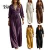 V Neck Lace Dress Women V-Neck for Fall, 3/4 Sleeves Maxi with Three Quarter Sleeve Belt, Solid Color Loose Casual Long Vacation Daily Wear Versatile