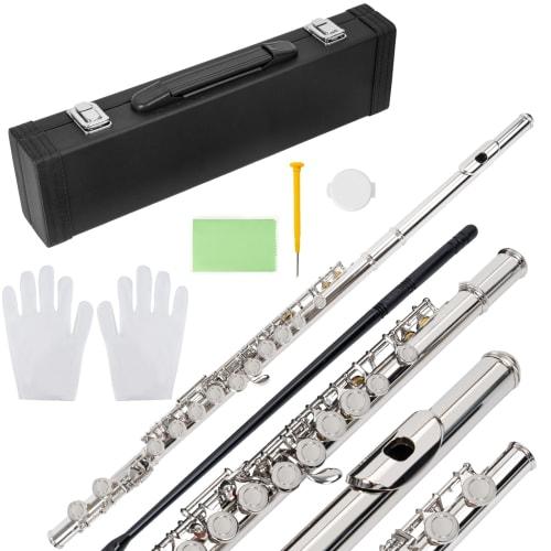 BQKOZFIN 16-Hole C Key Flute Beginner Set, Woodwind Instrument, Silver-Plated Cupronickel, for Brass Bands, Beginner's Set, Practice Set, 16-Hole C Ke