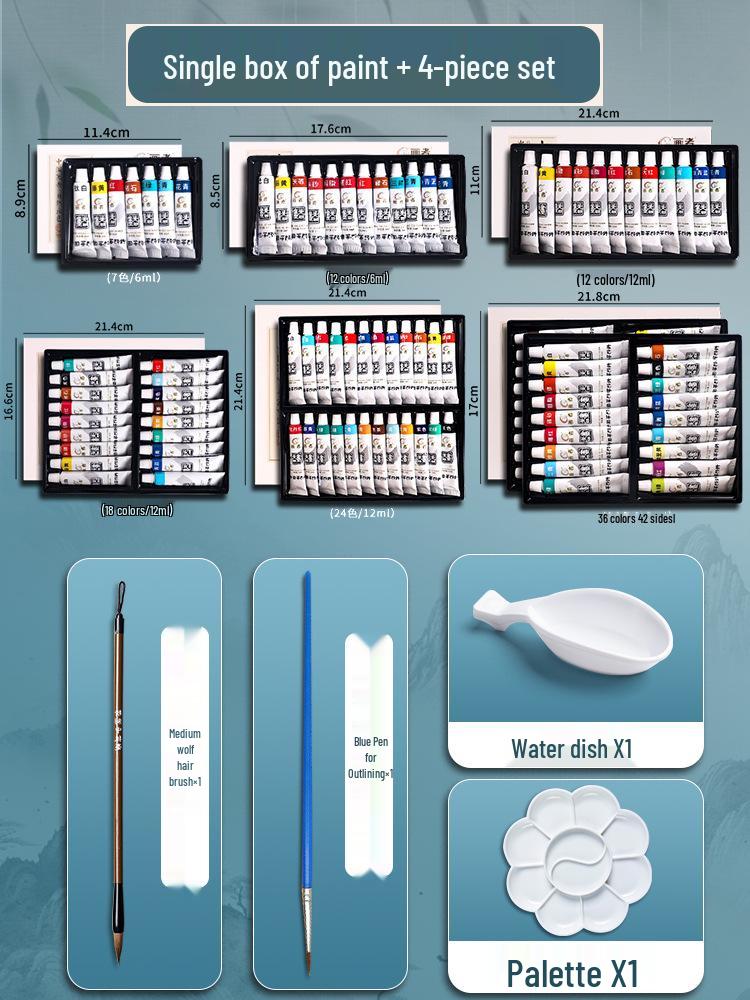 Čínské malířské pigmenty: 12 barev pro začátečníky v kaligrafii a sada 24 barev pro malbu Gongbi pro studenty a děti