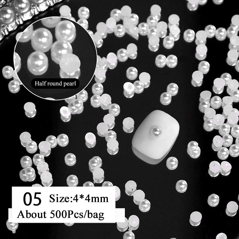 White Pearls Nail Beads DIY Manicure 3D Nail Art Decoration Rhinestone Half Round Mixed Size Beige Flatback Nail Material Supply