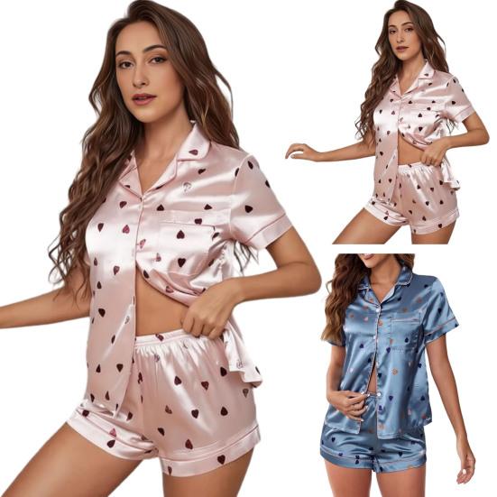 Satin Pyjamasæt til Kvinder Kortærmet Knaplukning Skjorte og Shorts Nattøj Sommer Hjerteprint 2 Dele Loungewear