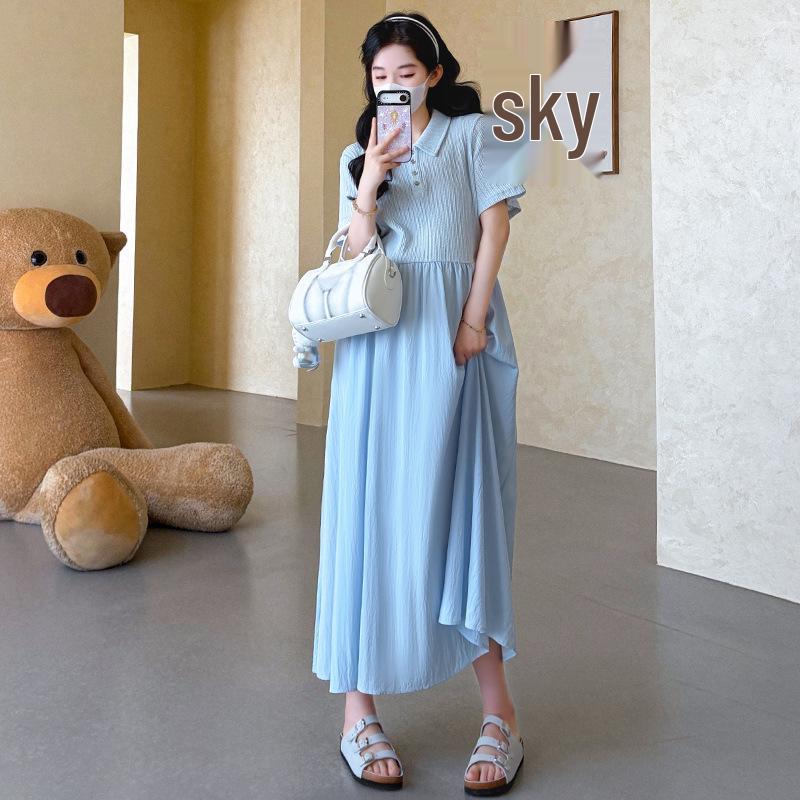 2026 Summer Blue Lapel Short Sleeve Slimming Maternity Dress XL