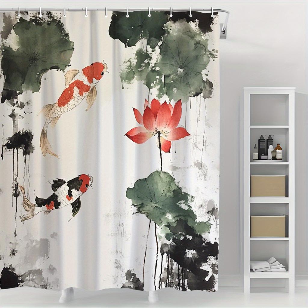 1pcs exquisite ink pool goldfish digital print shower curtain, polyester material with hook, machine washable, woven, bathroom