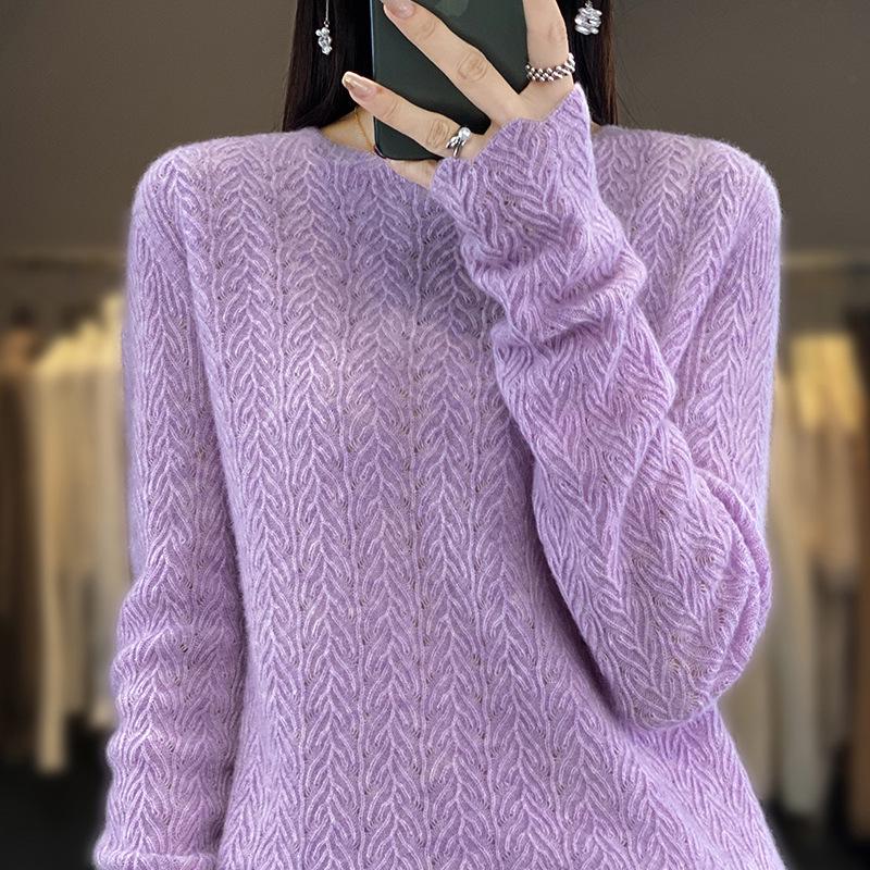 Women's 100% Pure Wool Loose Knit Hollow-Out Pullover Sweater