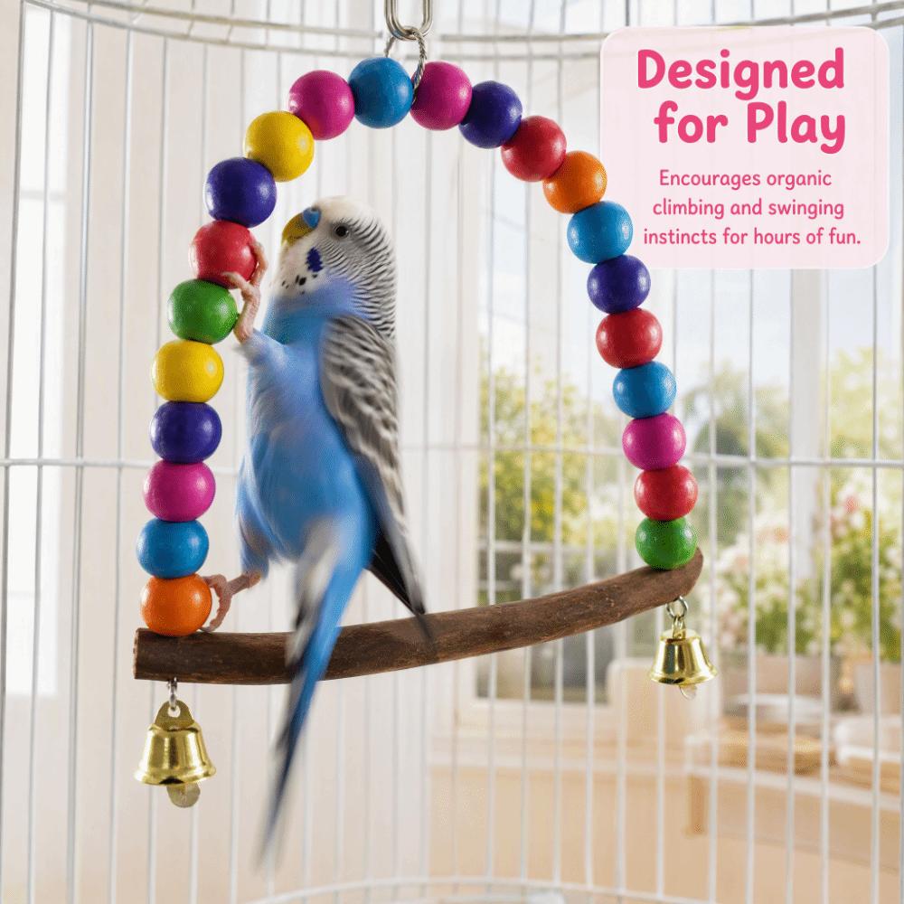 Colorful Design Bird Swing Toy With Bells Hanging Design Bird Cage Hammock Wooden Perch Finch Swing Toy Cage Accessories