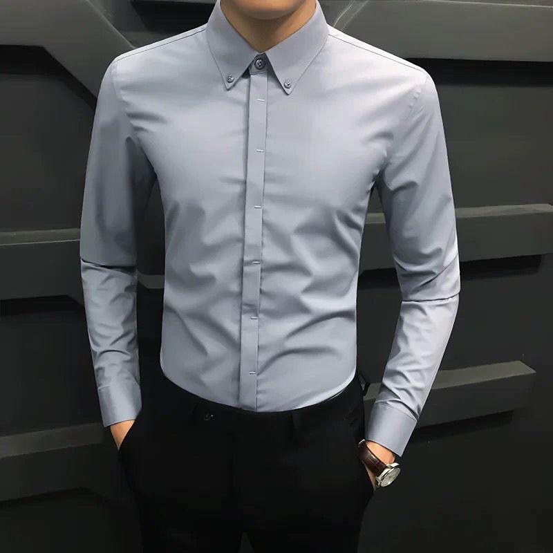 

Удобный отложной воротник Четыре сезона Красивый Офисный Однотонный Тонкий Повседневный Модный Мужская Одежда Рубашки на пуговицах L серый