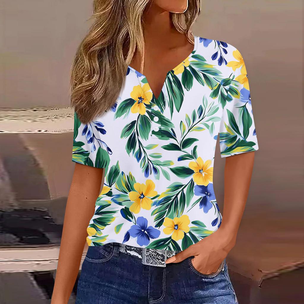 Damen T-Shirt mit Aufdruck und Knopfleiste, kurzärmelig, für den Alltag, Wochenende, modisch, Basic, V-Ausschnitt, normales Oberteil