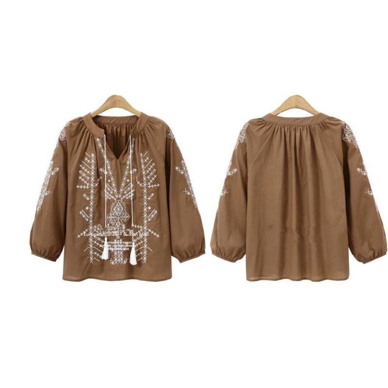 Tooxika New Large Size Women's Tops Ethnic Style Embroidered Blouse Tassel Drawstring Shirt