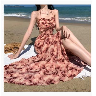 Urlaub am Meer Rock Blumen Trägerkleid Sommer neu rückenfrei Hals Temperament langes Kleid Damen